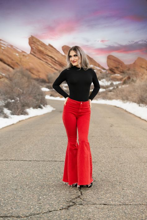 Red Rocks Photoshoot, Red Bell Bottoms Outfit, Rocks Photoshoot, Red Bell Bottoms, Rock Photoshoot, Bell Bottoms Outfit, Lifestyle Portraits, Spring Pictures, Western Outfits Women