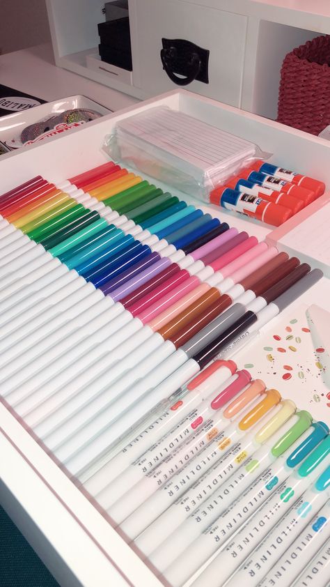 Satisfying Organization, Middle School Supplies, Preppy School Supplies, Stationary Organization, Study Essentials, Art Studio Organization, Marker Storage, Study Stationery, Cool School Supplies