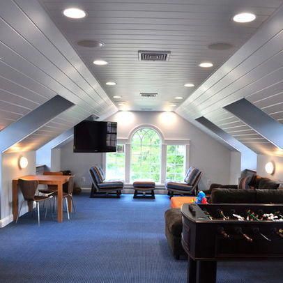 Bonus Room Above Garage Design, Pictures, Remodel, Decor and Ideas - page 6 #garageworkshopideassmall Bonus Room Design, Room Above Garage, Garage Game Rooms, Attic Renovation Ideas, Hangout Room, Attic Playroom, Small Attic, Attic Design, Attic Bedrooms