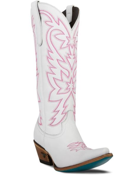 PRICES MAY VARY. Leather Upper White With Contrast Pink Stitching Snip Toe 15&Quot; Shaft Height With Pull Tabs 2.25&Quot; Heel Height Bedazzled Cowboy Boots, White Western Boots, Knee High Cowgirl Boots, Tall Cowgirl Boots, Pink Cowgirl Boots, Pink Cowgirl, Country Clothing, Western Boot, Cowgirl Boots