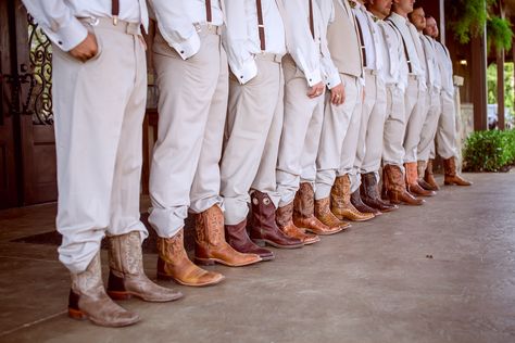 | groomsmen in cowboy boots | southern groomsmen party | oklahoma groomsmen ideas | groomsmen in tan pants | groomsmen in tan pants + suspenders | country wedding ideas | country groomsmen |  photo taken at THE SPRINGS Event Venue. follow this pin to our website for more information, or to book your free tour! SPRINGS location:  Tulsa, OK photographer:  Montag Weddings  #groomsmen #groomsmenphoto #weddingphotos #groomsmendetails #cowboyboots #countrywedding #weddingattire #weddingstyle #southern Wedding Party Cowboy Boots, Bridal Party Cowboy Boots, Groomsmen Cowboy Boots, Wedding Pictures Country, Western Groomsmen, Country Groomsmen, Country Wedding Groomsmen, Wedding Ideas Country, Trendy Wedding Ideas