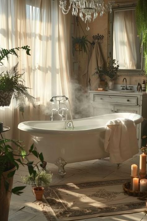 Transform Your Morning: Luxurious Bathtub Oasis with Vintage Charm Cloud Bathroom, Candles Bathtub, Bathroom Moodboard, Luxurious Bathtubs, Beautiful Bathtubs, Bath Aesthetic, Vintage Bathtub, Dream Bathrooms, Great Life