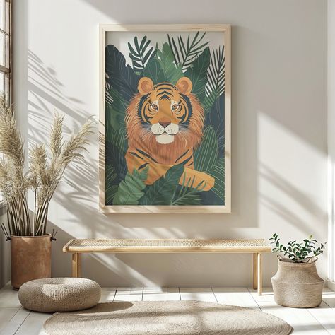 Jungle Tiger Print ~ Nursery Wall Art ~ Kids Posters ~ Animal Decor ~ Printable Instant Digital Download ~ Green Leaf Background Jungle Tiger, Green Leaf Background, Whimsical Nursery, Playroom Art, Wall Art Kids, Leaf Background, Nursery Printables, Art Kids, Kids Poster