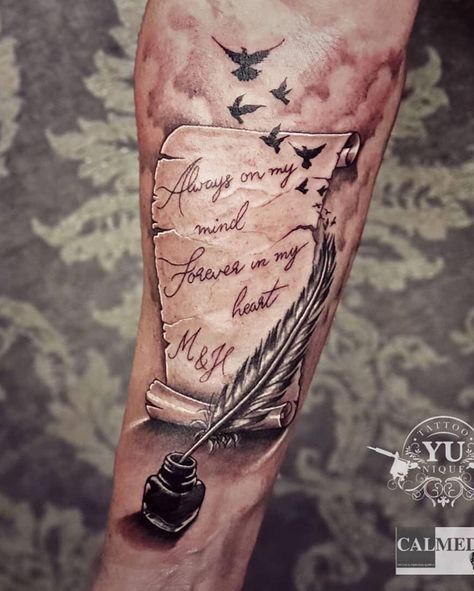 In Remembrance Tattoos For Men, Book Tattoo Ideas For Men, Scroll Tattoo For Men, Scroll Tattoo Designs, Scroll Tattoo, Thigh Piece Tattoos, Scroll Tattoos, Memorial Tattoo Quotes, Memorial Tattoo Ideas