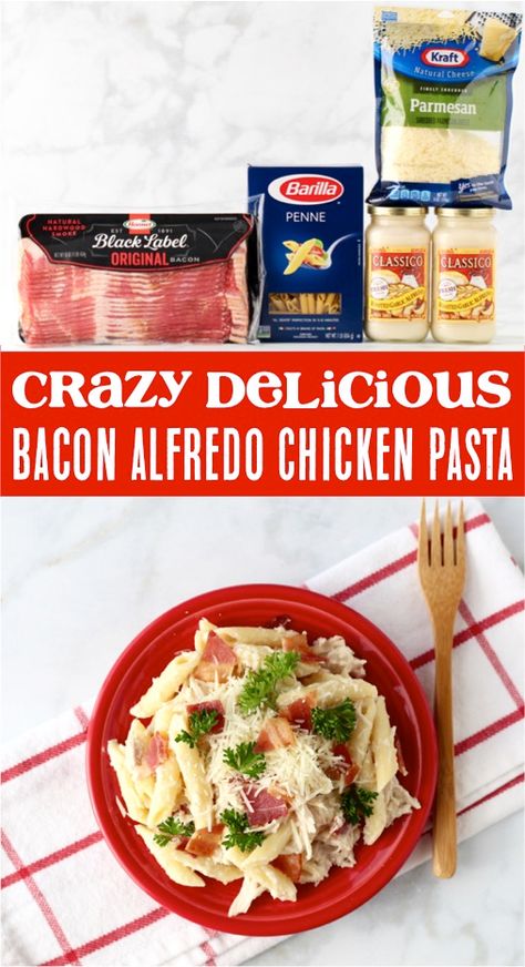 Easy Pasta Recipes Few Ingredients!   This easy chicken bacon alfredo pasta is the perfect EASY + flavorful dinner to add to your weeknight menu! Pasta Recipes Few Ingredients, Easy Pasta Recipes Few Ingredients, Recipes Few Ingredients, Chicken Bacon Alfredo Pasta, 5 Ingredient Crockpot Recipes, Alfredo Chicken Pasta, Bacon Alfredo Pasta, Cook Chicken In Crockpot, Pasta Crockpot