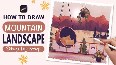 Lake View Landscape Drawing | Tatyworks on Patreon Procreate Mountain Tutorial, Mountain Tutorial, Draw Procreate, Landscape Drawing Tutorial, Landscape Drawing Easy, Procreate Tutorials, Landscape Steps, Mountain Drawing, View Landscape