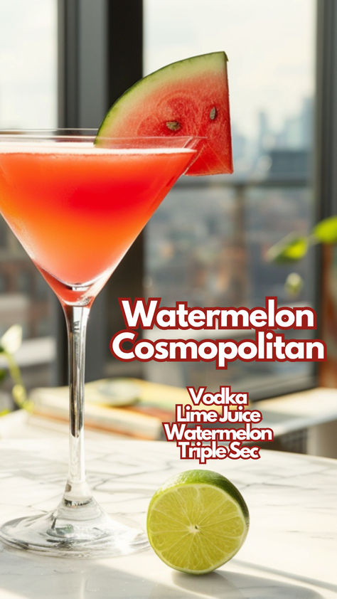 Watermelon Cosmopolitan Watermelon Cosmopolitan, Watermelon Drinks With Alcohol, Watermelon Juice Cocktail, Refreshing Summer Drinks Alcohol, Watermelon Cocktail Vodka, Watermelon Alcoholic Drinks, Watermelon Recipes Drinks, Watermelon Cocktails, Mango Vodka