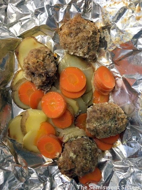 Hobo Beef Meatball, Carrot, Potato Packets with Honey Mustard Meatball Foil Packets, Hobo Packets, Potato Packets, Hobo Dinner, Foil Recipes, Hobo Dinners, Foil Packet Dinners, Main Course Meals, Foil Packs