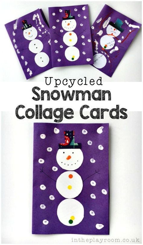 Upcycled snowman collage cards, to turn old Christmas cards into thank you cards Celebrations Eyfs, Easy Christmas Cards For Kids, Snowman Collage, Cards For Kids To Make, Christmas Cards For Kids, Easy Christmas Cards, Old Christmas Cards, Collage Cards, Christmas Cards Kids