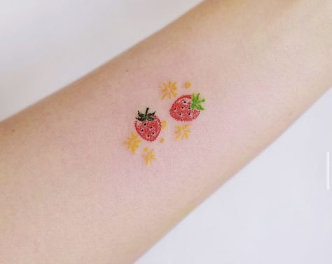 Strawberry Minimalist Tattoo, Strawberry Tattoo Cute, Color Strawberry Tattoo, Strawberry Finger Tattoo, Matching Strawberry Tattoo, Tiny Strawberry Tattoo, Cute Strawberry Tattoo, Small Strawberry Tattoo, Strawberry Tattoo Minimalist