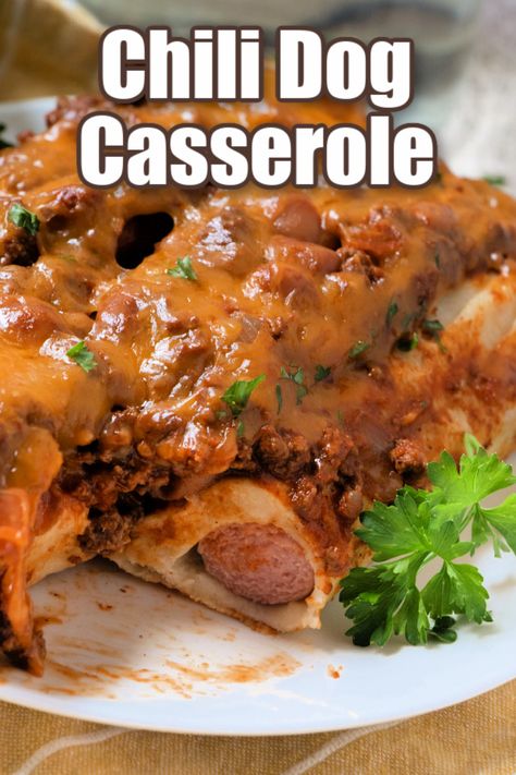 This Chili Dog Casserole is a spin on traditional chili dogs! It's quick, easy, and delicious ... but more importantly, family approved! Chili Dog Casserole, Chili Casserole, Best Lunch Recipes, Chili Dog, Traditional Chili, Chili Mac, Chili Dogs, Zucchini Fritters, Poke Cake