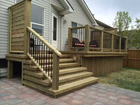 Deck with privacy wall and wide stairs Deck Privacy Wall Ideas, Decks With Privacy Walls, Deck With Privacy Wall, Deck Skirts, Deck Privacy Wall, Privacy Wall Ideas, Deck With Privacy, Wide Stairs, Privacy Wall On Deck