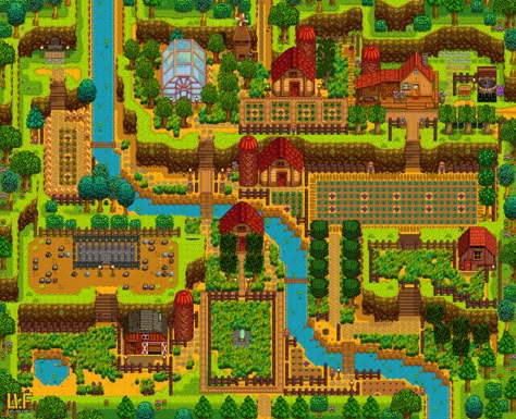 Hillside Farms, Stardew Farms, Stardew Valley Layout, Stardew Valley Tips, Stardew Valley Farms, Top Farm, Farm Plans, Farm Layout, Forest Hill