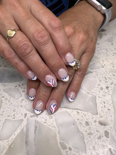 Baseball Mom Nails, Astro Nails Baseball, Baseball Nails Design Mom, Subtle Baseball Nails, Baseball Themed Nails, Simple Baseball Nails, Nail Designs Baseball, Baseball French Tip Nails, Baseball Nail Designs