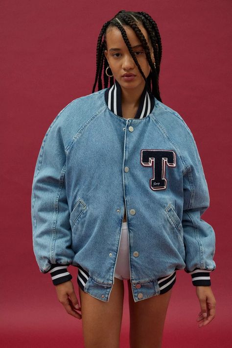 Tommy Jeans Letterman Denim Jacket | Urban Outfitters Denim Letterman Jacket, Varsity Sweater Outfit, Tommy Hilfiger Denim Jacket, Thrift Wishlist, Jeans Patch, Varsity Sweater, Jacket Denim, Letterman Jacket, Patched Jeans