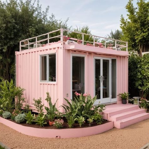 Mini Shed House Ideas, Aesthetic Container House, Shipping Container Mall, Shipping Container Art Studio, Shipping Container Salon, Boujee Salon, Tiny Shop Ideas, Pastry Shop Design, Art Studio Shed