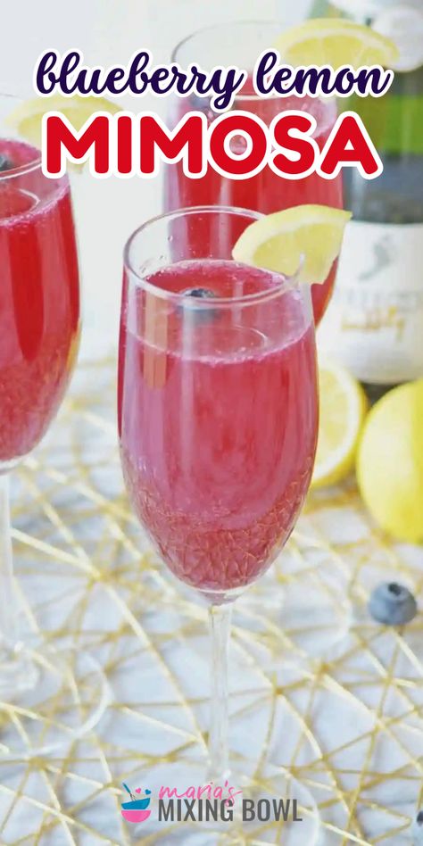 This Blueberry Lemon Mimosa is the ultimate summertime cocktail. Blueberries, lemonade, and champaign create a sweet, citrus, and berry cocktail with the effervescent sparkle of champaign. Blueberry Mimosa, Lemon Blueberry Mimosa, Blueberry Lemon Cocktail Recipes, Blueberry Lemonade Rum Recipes, Blueberry Lemondrop Cocktail, Peach Margarita Recipes, Summertime Cocktail, Blueberry Mint, Best Summer Cocktails