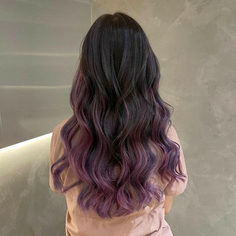 Hair Color For Thick Hair, 2 Tone Color Hair, Jewel Tone Hair Color Ideas, Black Hair With Lavender Highlights, Violet Hair Highlights, Hair Color For Black Hair Indian, Light Purple Balayage, Hair Dye Ideas For Black Hair, Subtle Purple Hair