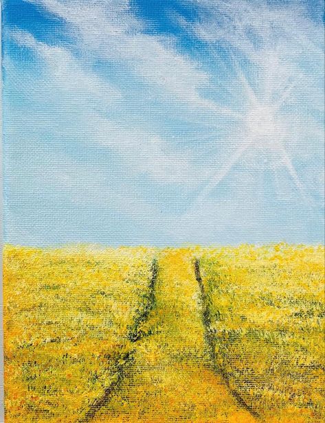 Blue And Yellow Landscape Painting, Yellow Grass Field, Acrylic For Beginners, Painting Idea For Beginners, Acrylic Painting Easy, Yellow Landscape, Landscape Field, Yellow Field, Yellow Fields