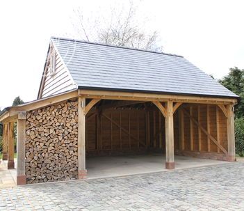 Metal Carport Makeover, Oak Gazebo, Timber Frame Garage, Log Shed, Carport Ideas, Timber Garage, Carport Sheds, Oak Framed Buildings, Carriage House Plans