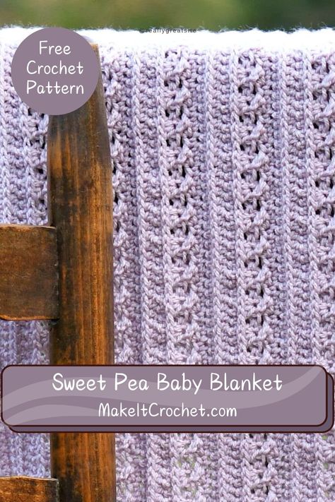 Sweet Pea Crochet Baby Blanket Free Pattern. A delicate and lightweight crochet baby blanket pattern is a wonderful project for creating a soft and airy blanket perfect for keeping a baby cozy without overheating. The row repeat gives the look and elegance of a classic knit baby blanket. Options are provided to make alterations in height and width. Sweet Pea Baby Blanket Pattern, Sweet Pea Crochet Pattern, Small Crochet Blanket Free Pattern, Baby Girl Crochet Blanket Patterns Free, Girl Baby Blanket Crochet, Crochet Baby Blanket Free Pattern Unique, Free Crochet Patterns For Baby Blankets, Quick Crochet Baby Blanket Free Pattern, Baby Blanket Crochet Pattern Free