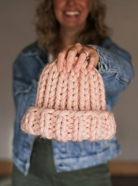 A knit ribbed hat made with chunky pink yarn. Chunky Yarn Knitted Hat Free Pattern, Knitting Hats For Women, Crochet Hat Thick Yarn, Chunky Crochet Beanie Pattern Free Easy, Knit Bulky Hat Pattern Free, Chunky Crochet Hat Free Pattern, Beginner Beanie Knitting Pattern, Easy Knitting Patterns For Beginners, Hand Knit Beanie