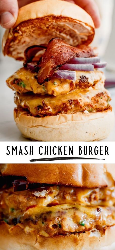 Munchkin Time, Chicken Burgers Recipe, Chicken Burger, Spicy Mayo, Red Onions, Ground Chicken, Chicken Dishes Recipes, Crispy Bacon, Burger Recipes