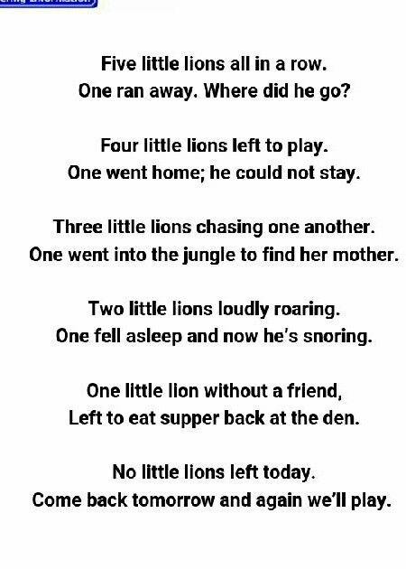 Five little lions song Zoo Songs, Lion Song, Preschool Jungle, Preschool Poems, Zoo Preschool, Animal Poems, Nursery Rhymes Lyrics, Early Childhood Education Activities, Summer Preschool Activities