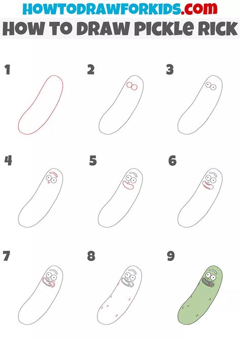 How to Draw Pickle Rick - Easy Drawing Tutorial For Kids Rick And Morty Doodles Easy, Easy Rick And Morty Drawing, How To Draw Rick And Morty Step By Step, Rick And Morty Drawing Easy, Rick Drawing Easy, How To Draw Rick And Morty, Pickle Rick Drawing, Pickle Rick Painting, Pickle Drawing