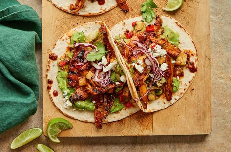 Ancho Chilli & Maple King Oyster Mushroom Tacos With Charred Pineapple Slaw Recipe | Waitrose & Partners Oyster Mushroom Tacos, Charred Pineapple, Pineapple Slaw, Mushroom Filling, King Oyster Mushroom, Taco Filling, Mushroom Tacos, King Oyster, Slaw Recipe