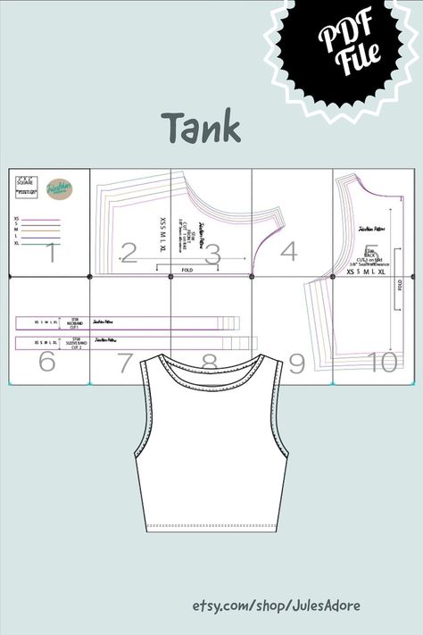 Tank Top Sewing Pattern PDF Women's Sizes XS to XL / Print at Home, Instructions Included - Etsy Czech Republic Diy Sew Tank Top, Simple Tank Top Sewing Pattern, Tank Tops Patterns Free Sewing, Cotton Tank Top Sewing Pattern, Tank Top Sewing Tutorial, Sewing Top Tutorial, Sewing Pattern Beginner, Sewing Patterns Shirts & Tops, Easy Tops Sewing