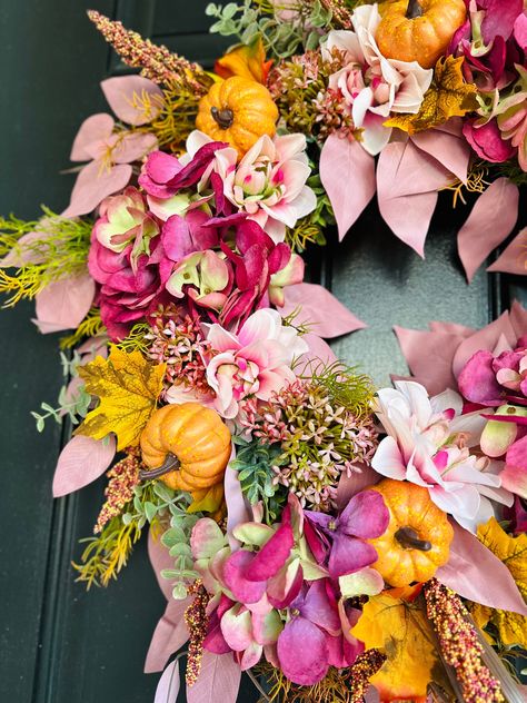 Fall Pink Wreath, Pink Lover, Colorful Pink and Orange Pumpkin Front Door Decor,autumn Decor, Unique Fall Design, Housewarming Birthday Gift - Etsy Pink Fall Home Decor, Pastel Fall Wreath, Pink And Orange Pumpkins, Pink Fall Decorations, Pink And Orange Fall Decor, Colorful Fall Decor, Wreath Arrangements, Fall Decor Outdoor, Orange Fall Decor