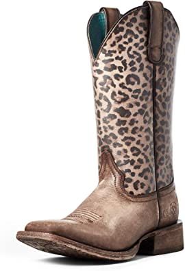 100% Leather Made in the USA or Imported Rubber sole Shaft measures approximately Calf High from arch Boot opening measures approximately 10.5" around 4LR technology for support and cushioning All Day Cushioning insole Shoes Western, Barn Boots, Cowgirl Boots Square Toed, Ariat Women, Cheetah Style, Leather Cowgirl Boots, Ariat Boots, Mid Boots, Western Boot