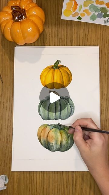 Cutie Pumpkins, Adding Pockets, Pumpkins Watercolor, Ready For Autumn, Watercolor Pumpkin, Step By Step Watercolor, Green Pumpkin, Watercolor Pumpkins, Aspen Trees