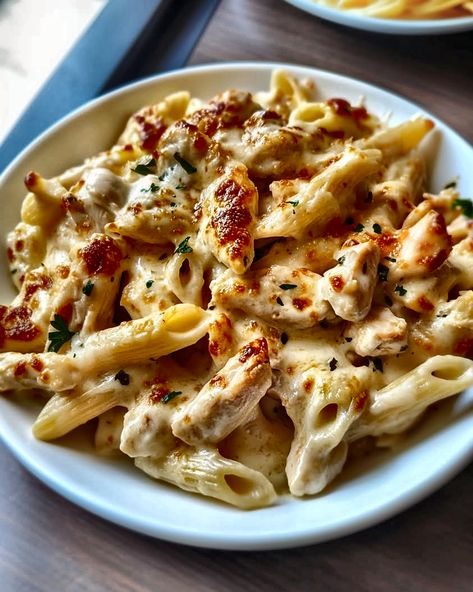 Indulge in this creamy mozzarella & chicken pasta! Quick, cheesy, and utterly delicious, it's perfect for weeknight dinners. #CheesyPasta #WeeknightDinner #QuickMeals #PastaLove Creamy Chicken Mozzarella Pasta Recipe, Baked Creamy Chicken Mozzarella Pasta, Chicken Mozzarella Pasta Recipes, Chicken Cheesesteak Pasta, Italian Dinner At Home Aesthetic, Mozzarella Dinner Recipes, Pasta With Fresh Mozzarella, Chicken White Sauce Pasta, Chicken And Mozzarella Recipes