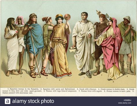 Antique 1897 chromolithgraph showing Costumes from Ancient Times — Egyptian woman in the Kalasiris; Egyptian with apron and Sphinxhood; Greek with chlamys; Greek woman in double cloak; Greek woman in long skirt and wide upper garment; Roman with toga (time of emperors); Roman lictor with sagum; Roman woman in tunic, palla; Roman peasant with sleeveless coat. SOURCE: ORIGINAL CHROMOLITHOGRAPH. Stock Photo Egyptian Man, Roman Man, Egyptian Clothing, Greek Men, Greek Women, Rome Antique, History Fashion, Art Antique, Lithograph Print