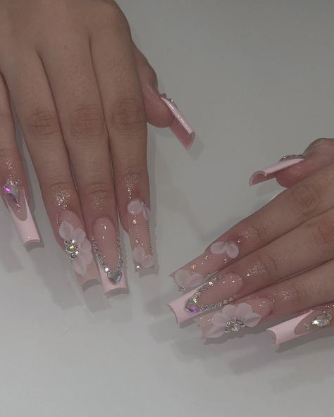 ig: glammed.by.daisy Xv Pink Nails, Long Pink Acrylics, Pink Nails Fancy, Pink 15 Nails, Long Nails With Flowers, Baby Pink Long Nails, Médium Nails, Pink Nails Quince, Quince Pink Nails