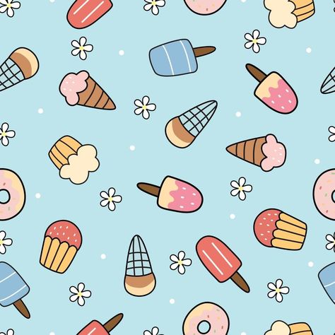 Ice cream background seamless vector pattern hand drew the design in cartoon style Use for prints, decorative wallpaper, textiles, fabrics, vector illustrations. Ice Cream Background, Ice Cream Cute, Ice Cream Wallpaper, Decorative Wallpaper, Ice Cream Print, Drawing Wallpaper, Wallpaper Decor, Cream Background, Summer Prints