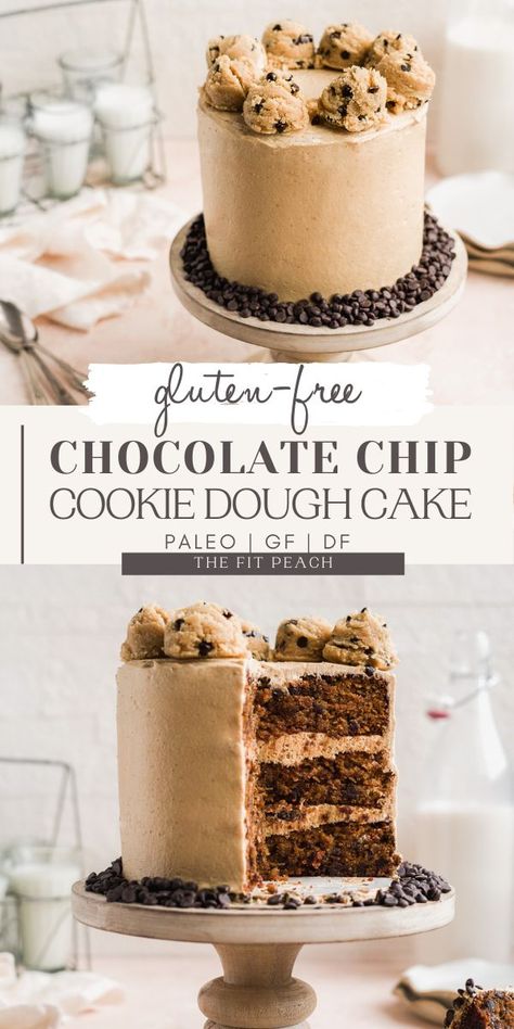 Chocolate Chip Cookie Dough Cake Recipe, Gluten Free Chocolate Chip Cookie Dough, Chocolate Chip Cookie Dough Cake, Gluten Free Birthday Cake, Gluten Free Cookie Dough, Gluten Free Chocolate Cookies, Cookie Dough Filling, Gluten Free Cookie, Cookie Dough Frosting