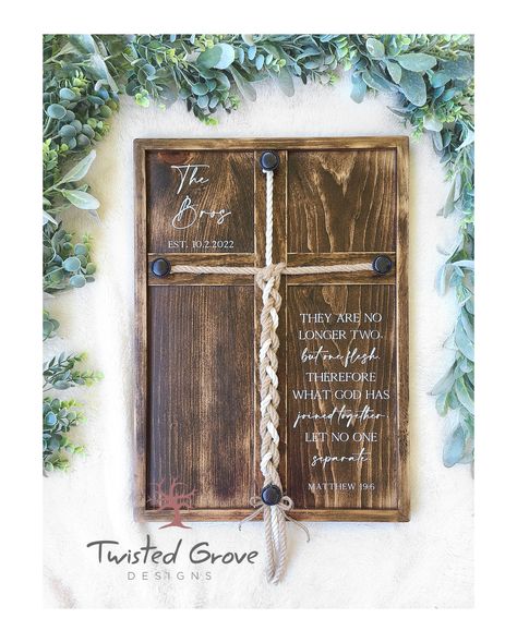 Matthew 19:6 What God has joined together let no one separate distressed wood unity ceremony braided cross sign, Rustic Wedding ceremony https://etsy.me/3WX5H2n #wedding #rustic #unityceremony #sandceremony #candleceremony #weddingcross #braidedropecross #braidedcross Home Vow Renewal Ideas, Rustic Wedding Wall Decor, Cheap Boho Wedding Decor, Diy Unity Cross, Western Unity Ceremony Ideas, Wedding Ceremony Traditions Unity, Unity Ideas For Wedding Ceremony, Union Ceremony Ideas Wedding, Wedding Branding Ceremony