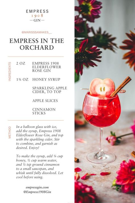 Rose Gin Cocktail, Autumn Cocktail, Empress 1908 Gin, Sparkling Apple Cider, Fall Cocktails Recipes, Cinnamon Syrup, Gin Cocktail Recipes, Honey Cinnamon, Sparkling Cider