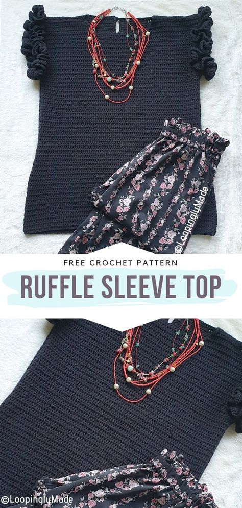 Trendy Tops - Free Crochet Patterns Ruffle Sleeve Top Pattern, Crochet Patterns For Tops, Crochet Ruffles, Crochet Tee, Ruffle Pattern, Crochet Toddler, Crochet Ruffle, Crochet Ladies Tops, Ruffle Sleeve Top