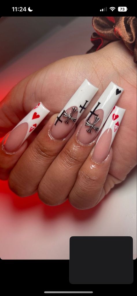 Long Square Acrylic Nails Goth, Nails With Cards Design, Ace Of Spades Nail Design, Card Nails Acrylic, Ace Nails Designs, Card Themed Nails, Breakup Nails, Dice Nails Design, Ace Of Spades Nails