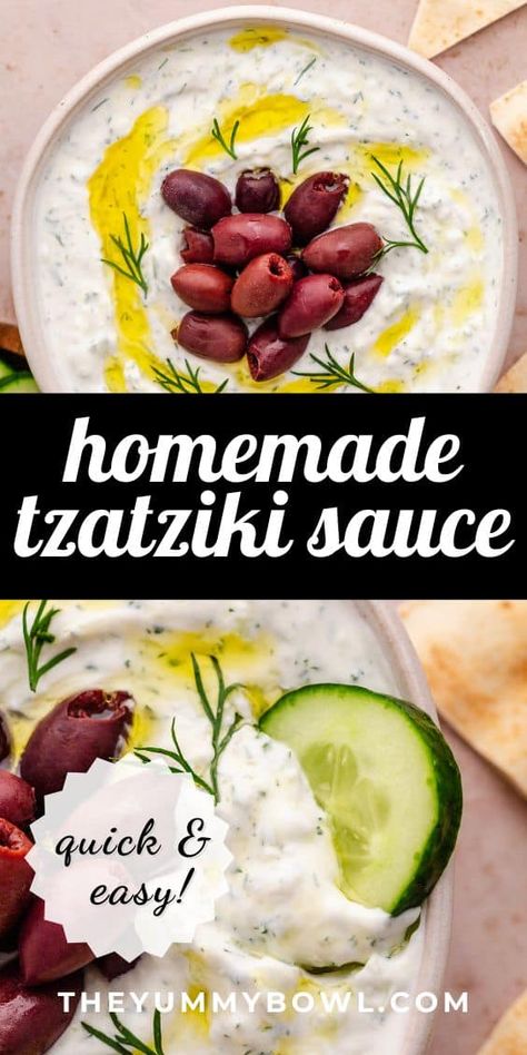 Whip up a speedy tzatziki sauce with 6 basic ingredients in under 5 minutes. This creamy Greek yogurt sauce, is full of fresh herbs, and will liven up any dish. Drizzle it over pita, grilled veggies, sandwiches, or use it to complement gyros, kebabs, meatballs and Mediterranean bowls. Mediterranean Tzatziki Sauce, Taziki Sauce Recipe, Taziki Sauce, Greek Yogurt Sauce, Mediterranean Bowls, Tzatziki Sauce Recipe, Greek Recipes Authentic, Homemade Tzatziki Sauce, Homemade Tzatziki