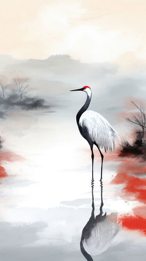 Painting animal bird lake. | free image by rawpixel.com / Sakarin Sukmanatham Lake Birds Painting, Crane Art Paintings, Chinese Crane, Red Crowned Crane, Indian Women Painting, White Crane, Women Painting, Crane Bird, Wild Birds