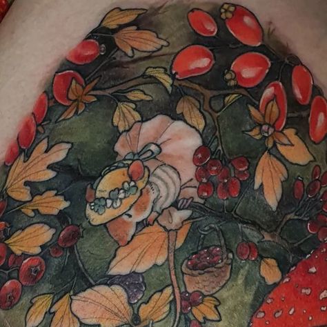 Maddy / March on Instagram: "brambly hedge autumn harvest vibes for Laura, love the colour palette for this one so much! 🖤 made @sisters__inked #tattoo #canberratattoos #canberraartist #queertattooer #qttr #illustrativetattoo #cutetattoo #colourtattoo #bramblyhedgetattoo #woodlandtattoo" Brambly Hedge Tattoo, Harvest Tattoo, Brambly Hedge, Inked Tattoo, Autumn Harvest, The Colour, Fall Harvest, Color Tattoo, Hedges