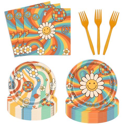 PRICES MAY VARY. 【Serve 24 Guests】This Groovy Hippie 70s birthday party kit has all you need for 24 guests, includes 24pcs 9'' dinner paper plates, 24pcs 7'' dessert plates, 24pcs paper napkins, 24pcs plastic forks. 【Safe and Premium Material】All our Groovy Hippie 70s themed plates and napkins are made of quality paper, not easy to tear and break. The disposable forks are made of quality plastic, non-toxic, no smell, heat-resistant and safe to food. 【Vibrant Color and Pattern】The pattern and col Sixties Theme Party, 60s Themed Birthday Party Decorations, Woodstock Party Decorations, Flower Power Decor, Peace Birthday Party, Flower Themed Birthday Party Adult, 60s Birthday Party Theme, 60 Party Decorations, 70 Theme Party Ideas