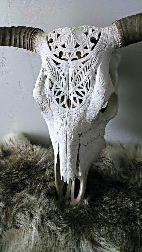 Carved Cow Skull, Carved Animal Skulls, Carved Deer Skull, Painted Animal Skulls, Animal Skull Decor, Deer Skull Art, Bull Skull Tattoos, Painted Cow Skulls, Cow Skull Decor