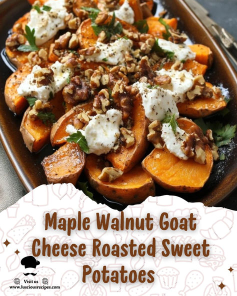 Sweet, savory roasted sweet potatoes topped with creamy goat cheese, toasted walnuts, and maple syrup—delicious flavor in every bite. Perfect for any occasion! Sweet Potatoe Bites With Goat Cheese, Maple Walnut Goat Cheese Sweet Potatoes, Sweet Potato Goat Cheese Recipes, Sweet Potato Stacks, Sweet Potatoe Bites, Creamy Goat Cheese, Candied Sweet Potatoes, Maple Walnut, Toasted Walnuts