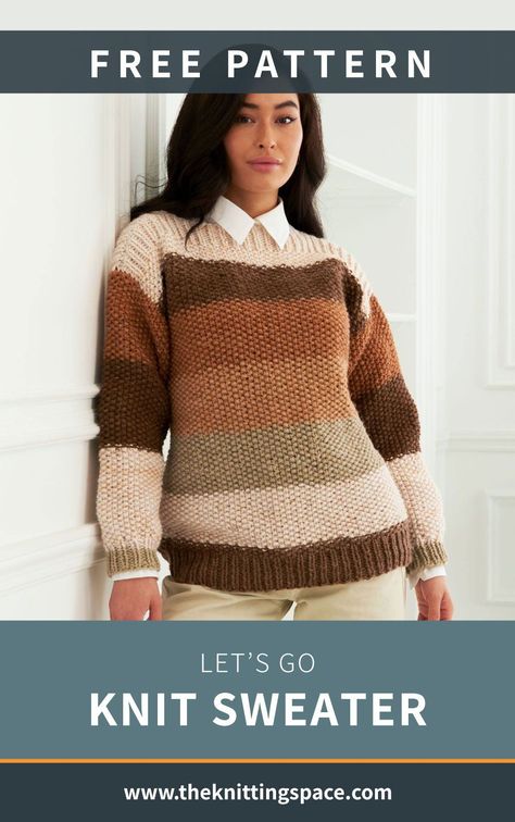 Add the Let's Go Knit Sweater to your chilly weather essentials. This stripey piece is incredibly snug and cool-looking and will go well with your favorite jeans. This sweater makes for a lovely gift idea for your loved ones. The pattern is ideal for beginner knitters to work on. | Discover over 7,000 free knitting patterns at theknittingspace.com Hand Knitted Sweaters For Women, Ladies Sweaters Patterns, Sweater Free Knitting Pattern, Knitting Space, Winter Knitting Patterns, Easy Sweater Knitting Patterns, Fall Knitting Patterns, Free Knitting Patterns For Women, Summer Knitting Patterns